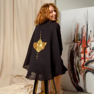 Black Double Gauze Muslin Robe with Golden Mocking Bird