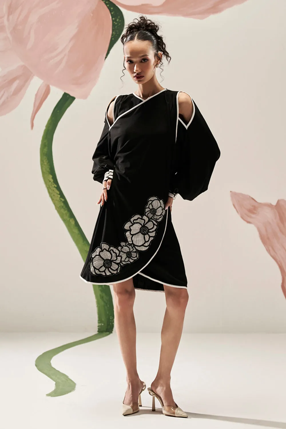 Flattering Cold Shoulder Applique Dress