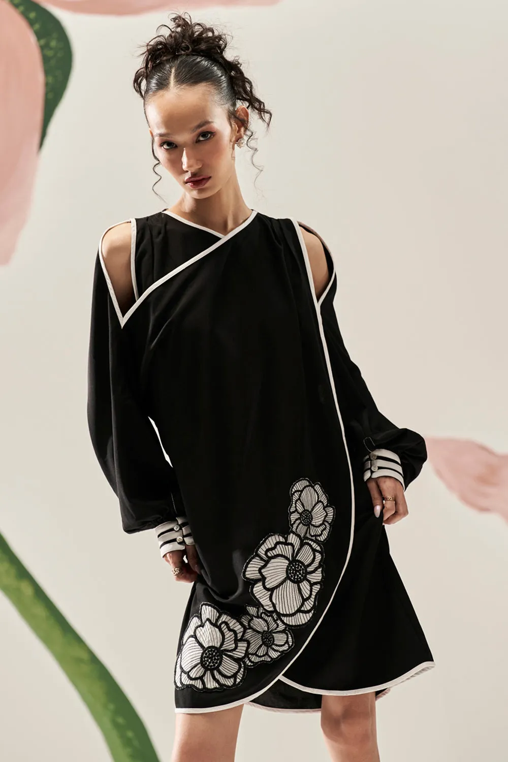 Flattering Cold Shoulder Applique Dress