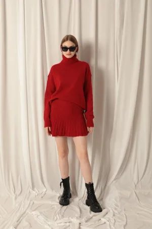 Knitwear Fabric Turtleneck Sweater Red Skirt Set
