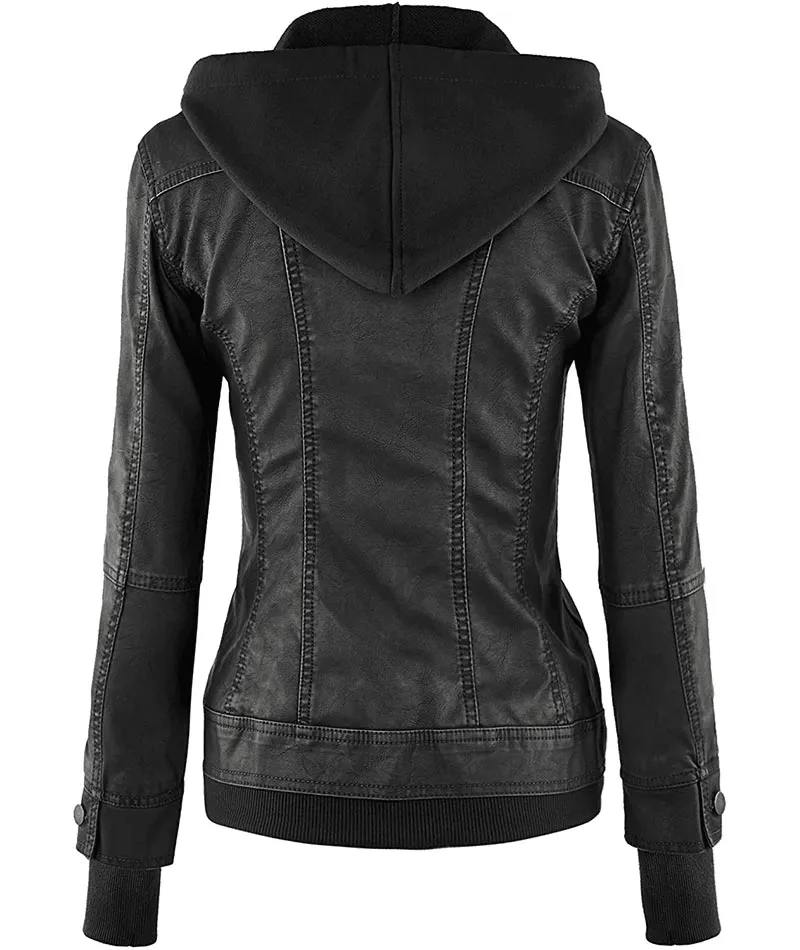 Womens Black Hooded Bomber Leather Jacket
