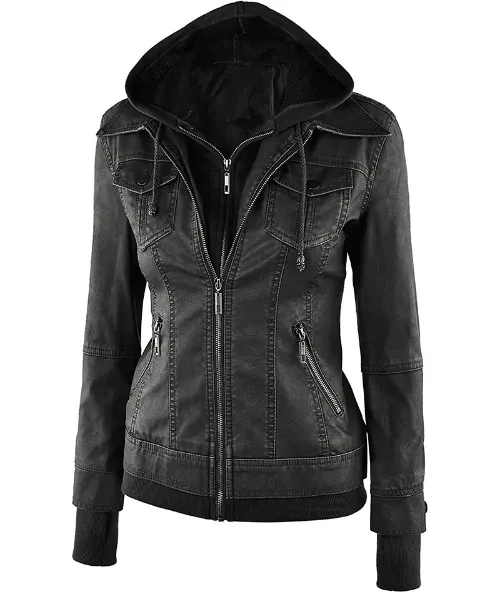 Womens Black Hooded Bomber Leather Jacket